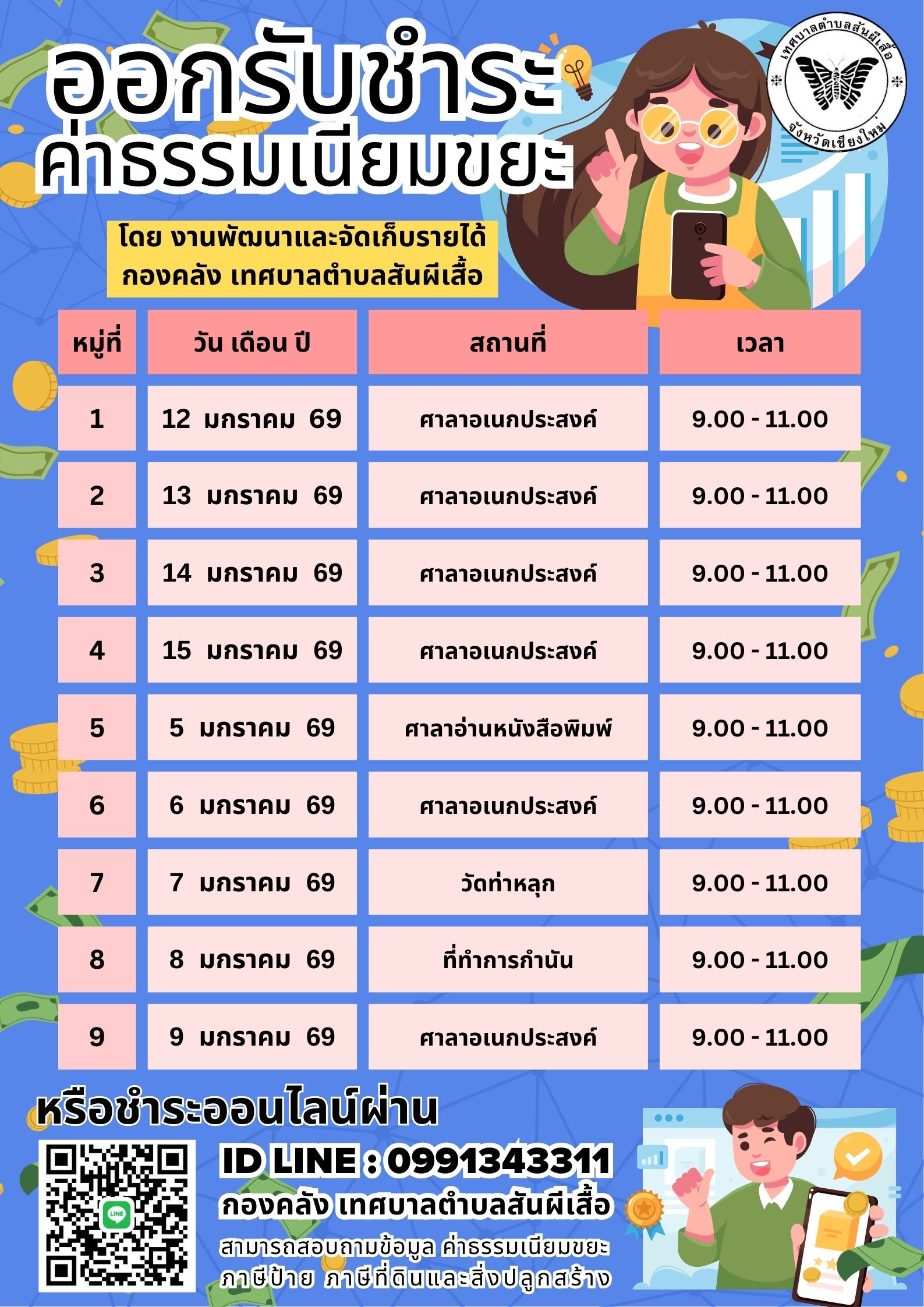 ประชาสัมพันธ์... การออกรับชำระค่าธรรมเนียมเก็บและขนมูลฝอย ประจำเดือนมกราคม 2569